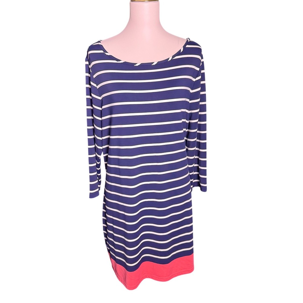 Southern Tide Womens XL Navy White Striped Coral Hem‎ 3/4 Sleeve Shift Dress